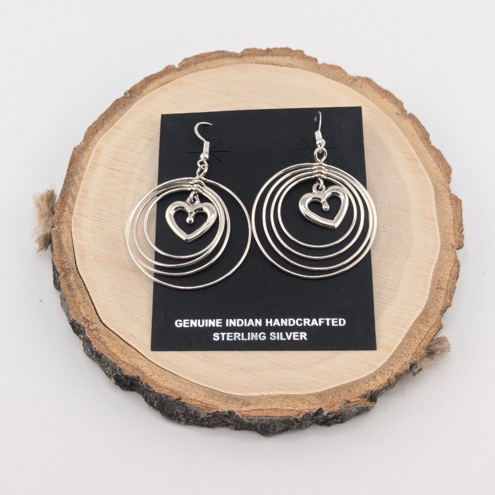 Handmade Navajo Heart Dangle Earrings Sterling Silver Native American Jewelry **